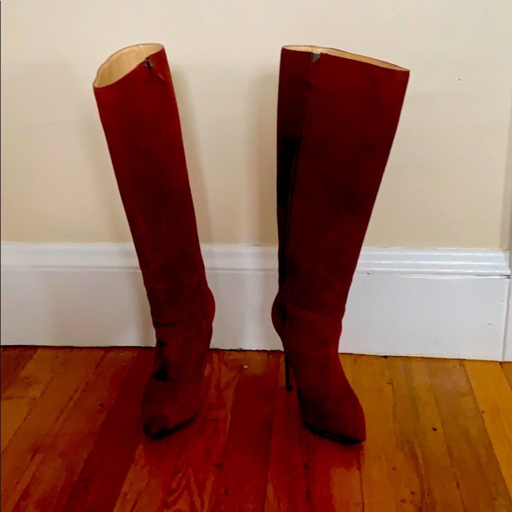 Oxblood Suede Boots with Navy Python Heels